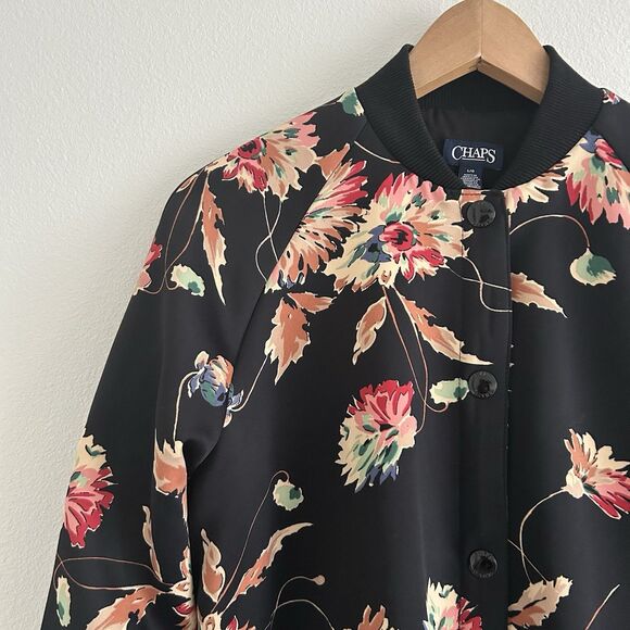 Chaps Satin Bomber Jacket Size L Black Pink Floral Colorful Snap Buttons - Picture 6 of 16